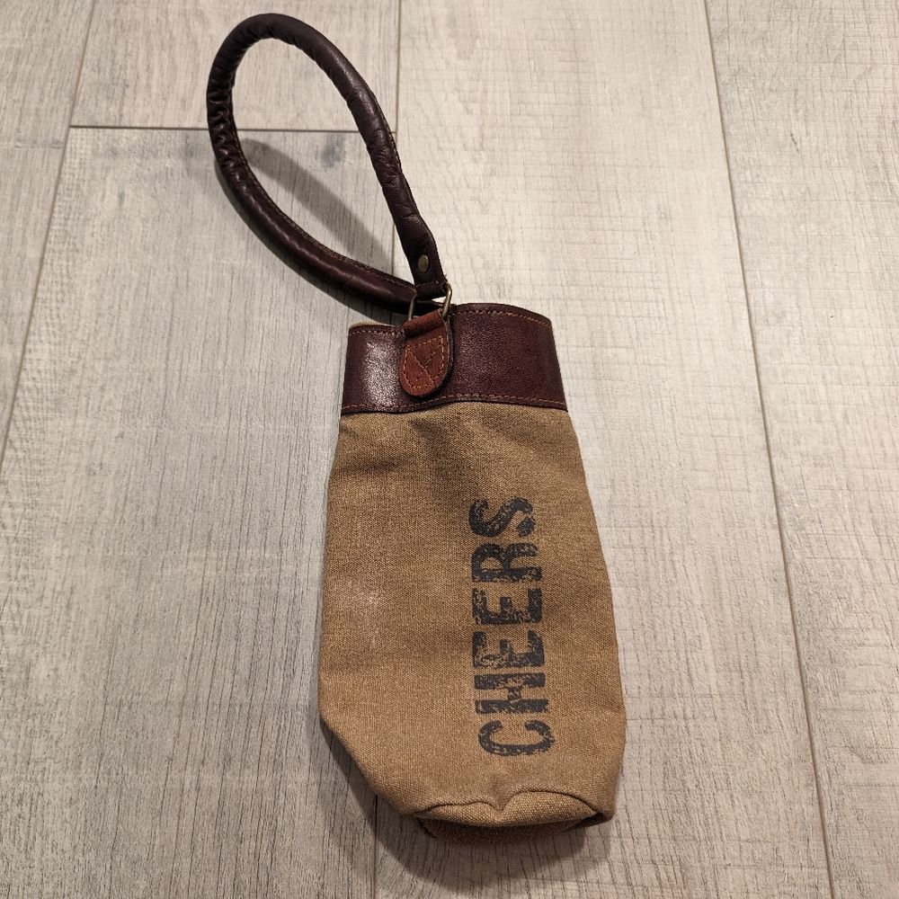Mona B Canvas Cognac Leather Wine Bottle Rustic Shabby Chic Gift Bag